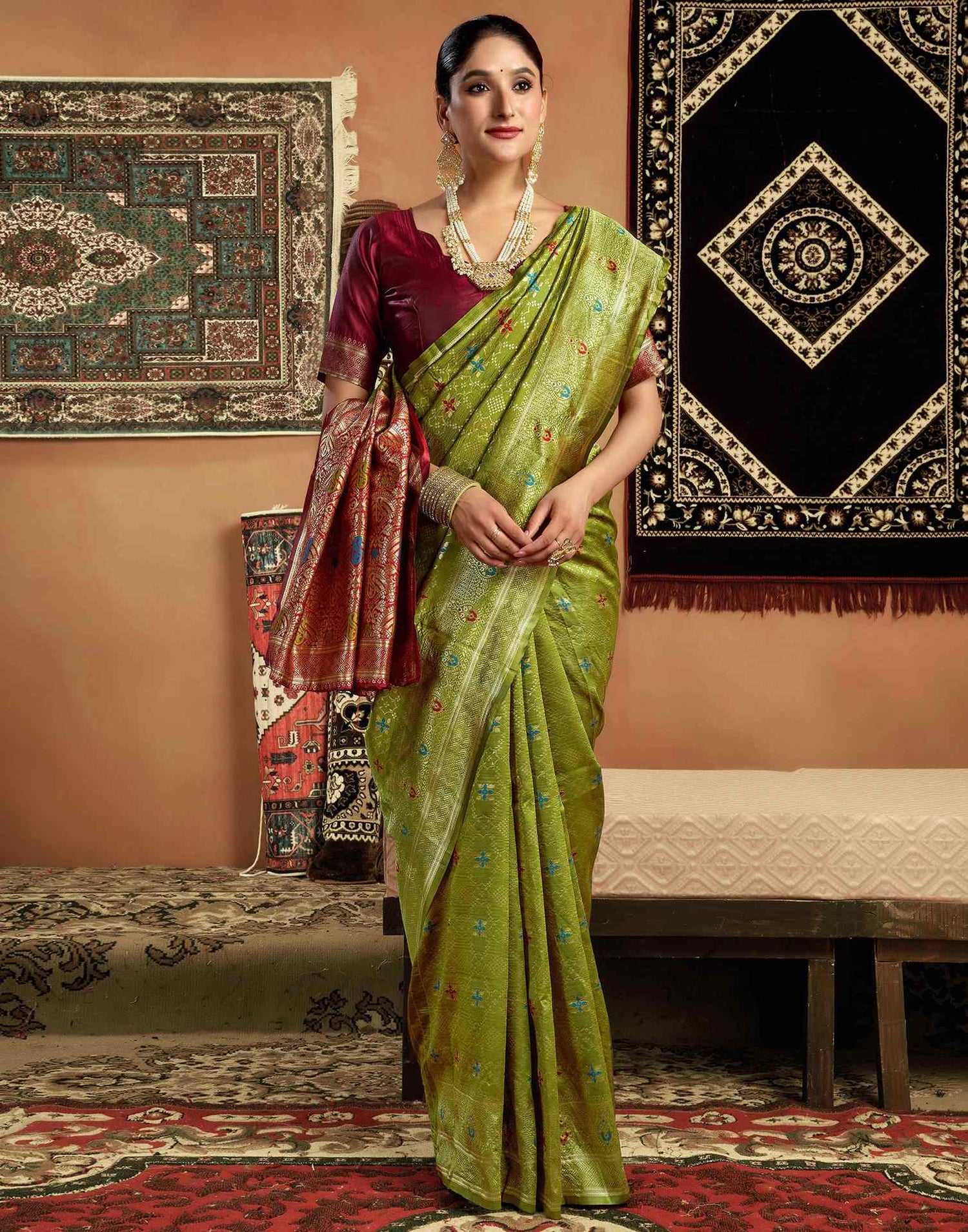 Parrot Green Silk Woven Saree
