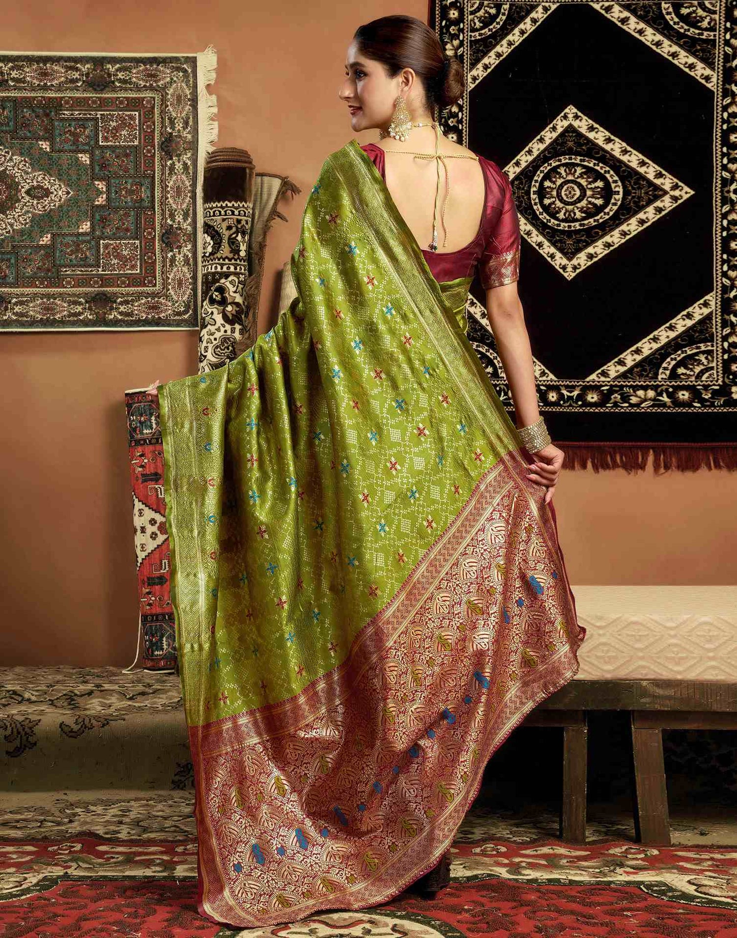 Parrot Green Silk Woven Saree