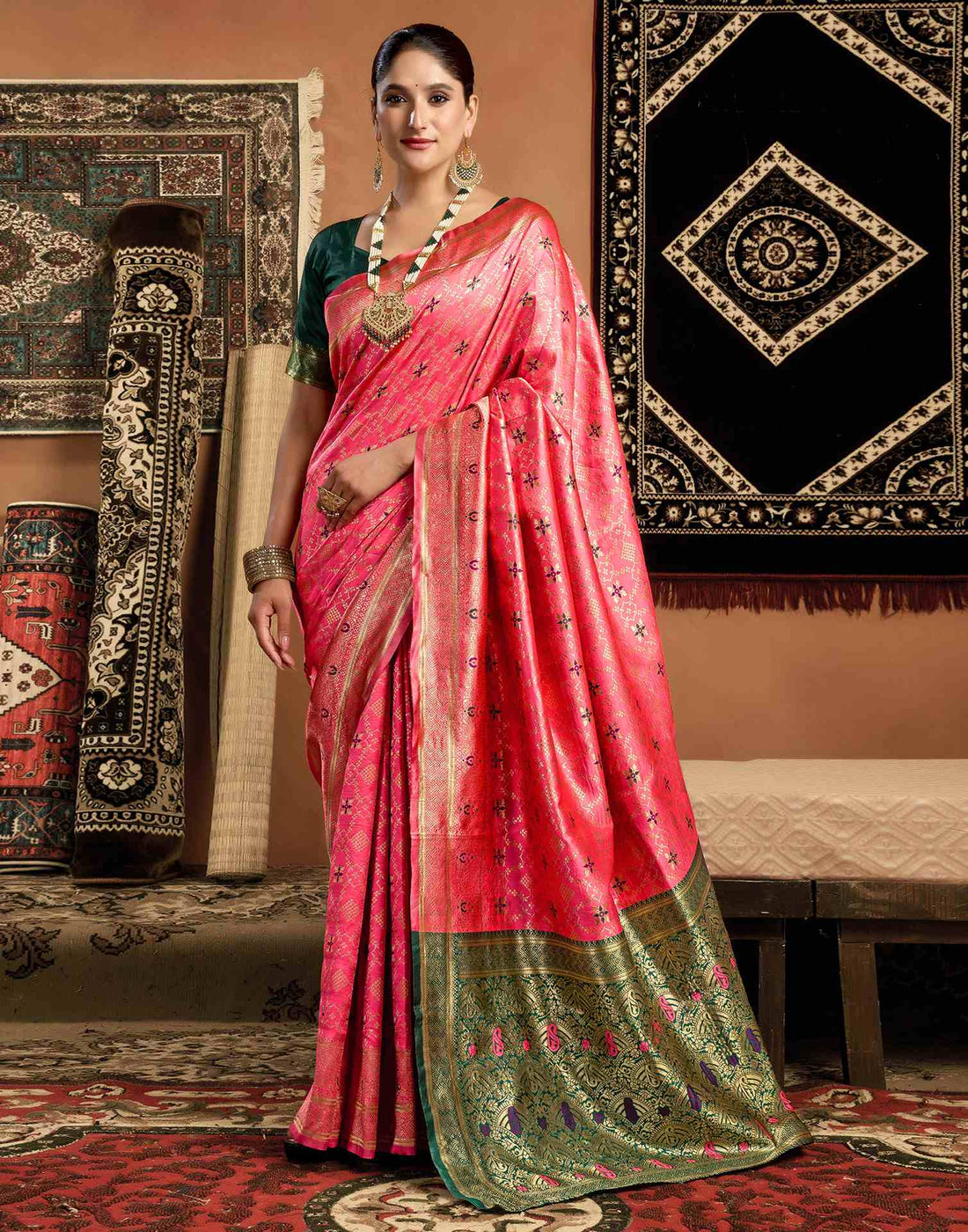 Coral Pink Silk Woven Saree