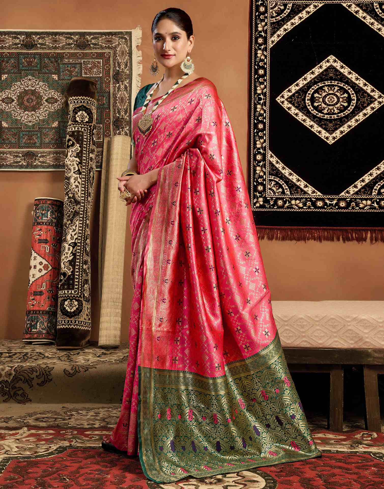 Coral Pink Silk Woven Saree