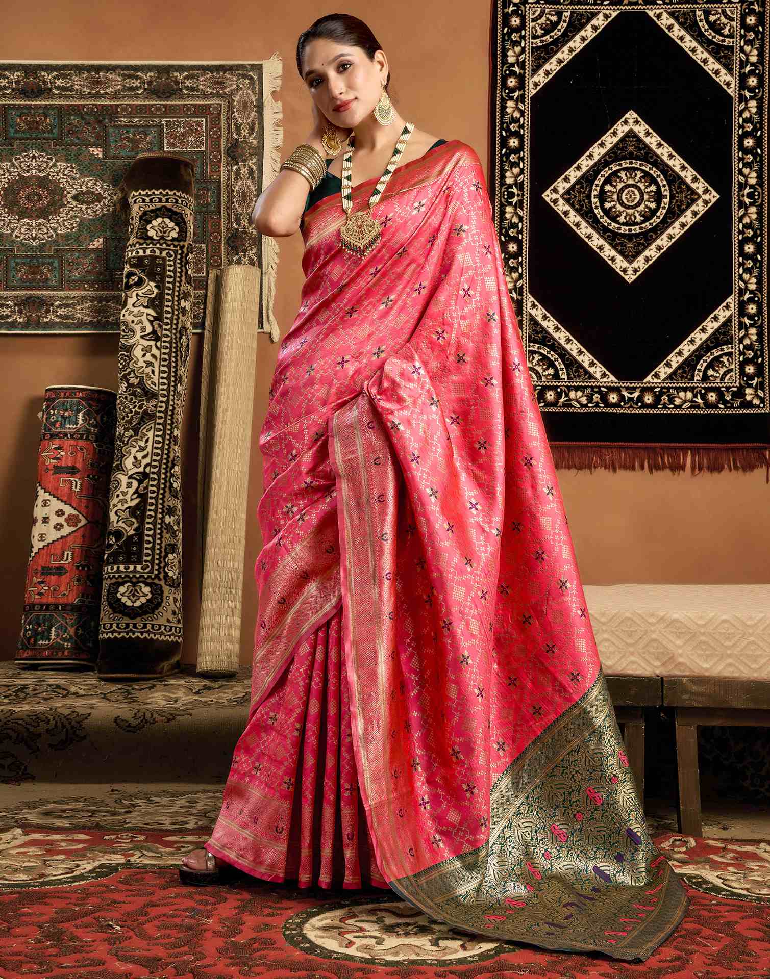Coral Pink Silk Woven Saree