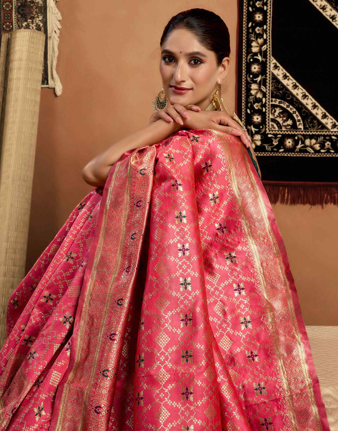 Coral Pink Silk Woven Saree