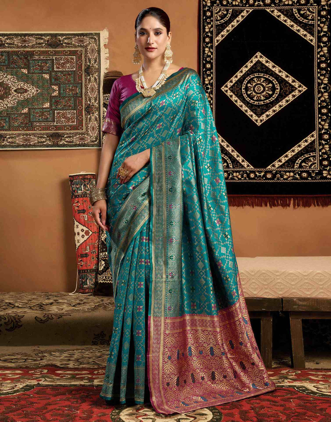 Teal Blue Silk Woven Saree