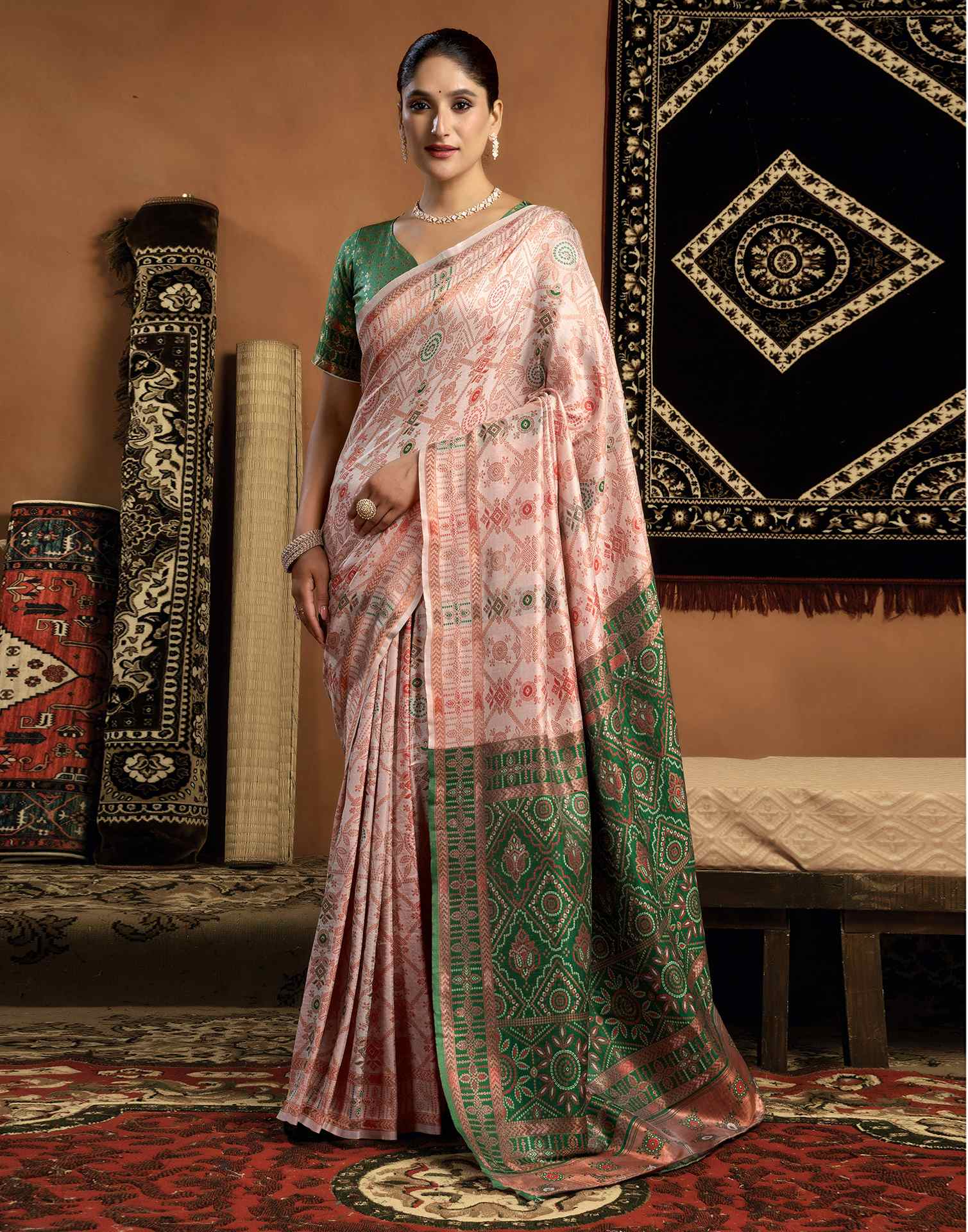 Cream Silk Woven Saree