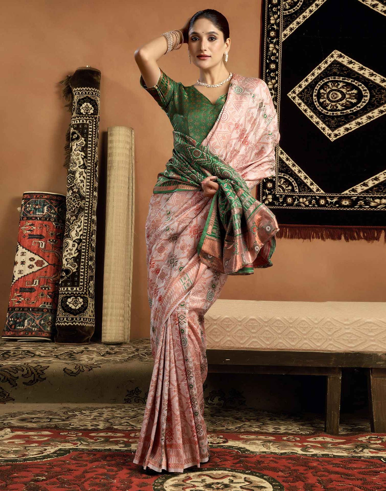 Cream Silk Woven Saree