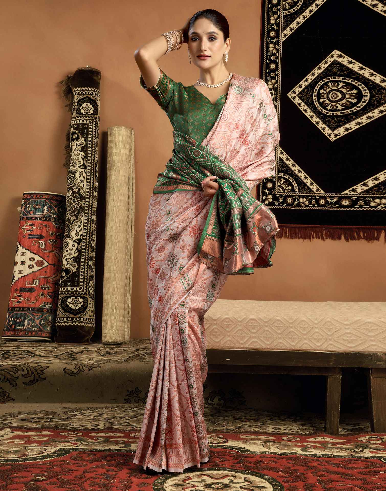 Cream Silk Woven Saree