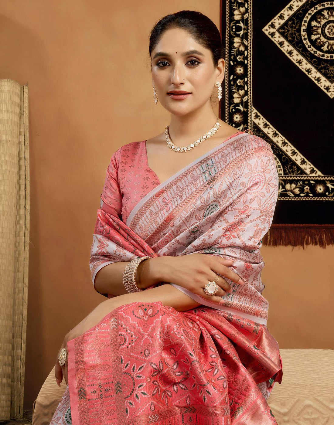 Cream Silk Woven Saree