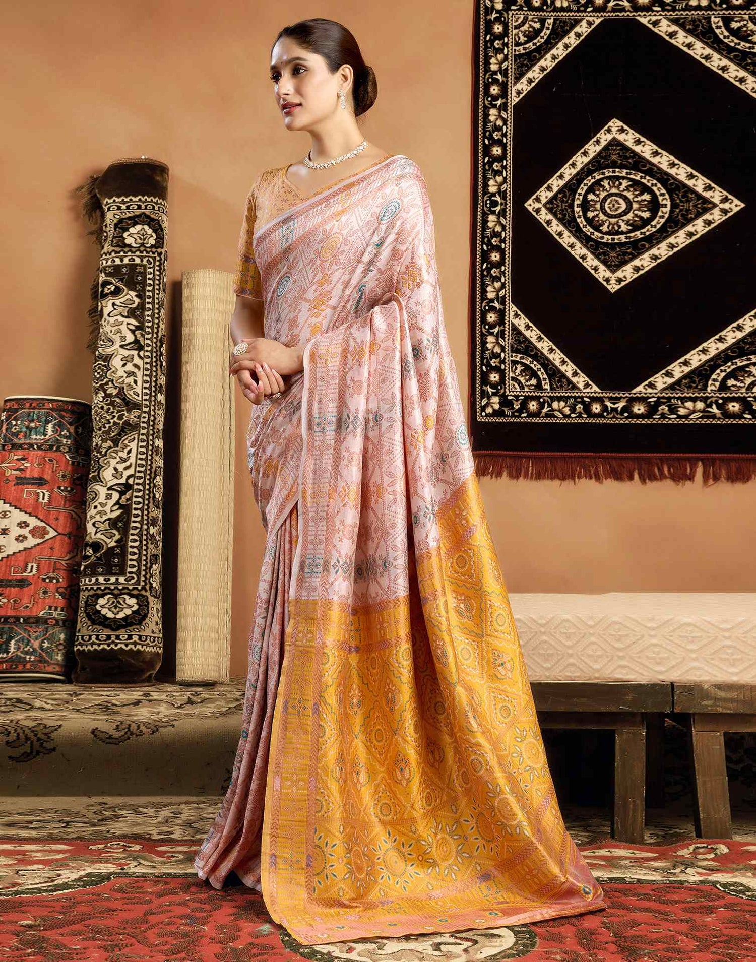 Cream Silk Woven Saree