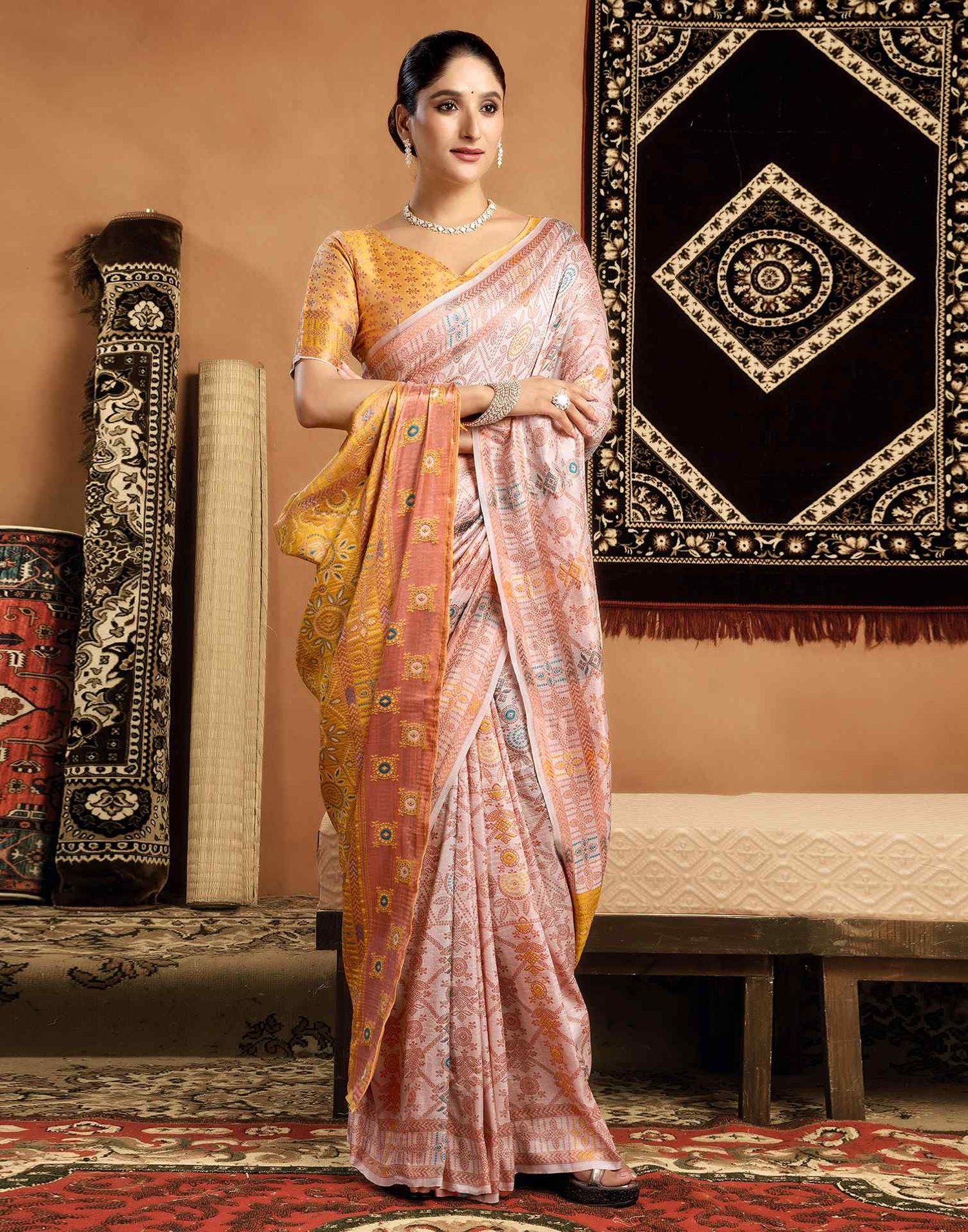 Cream Silk Woven Saree