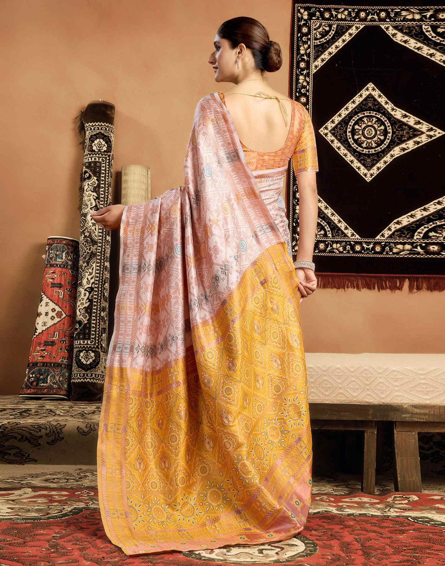 Cream Silk Woven Saree