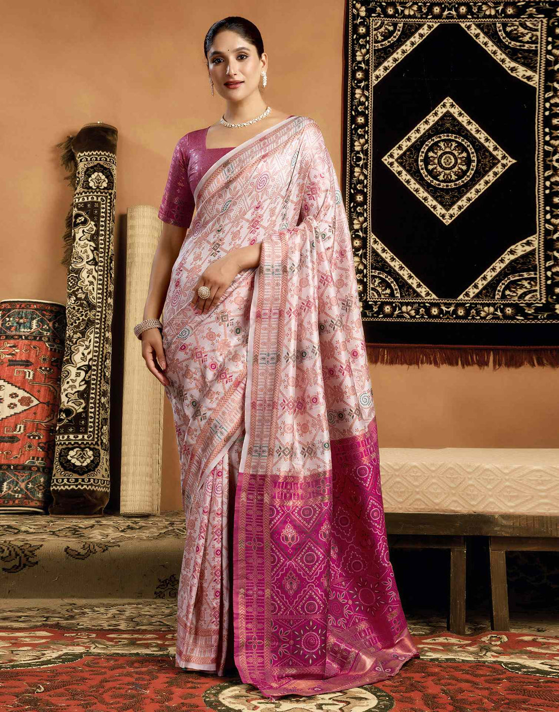 Cream Silk Woven Saree