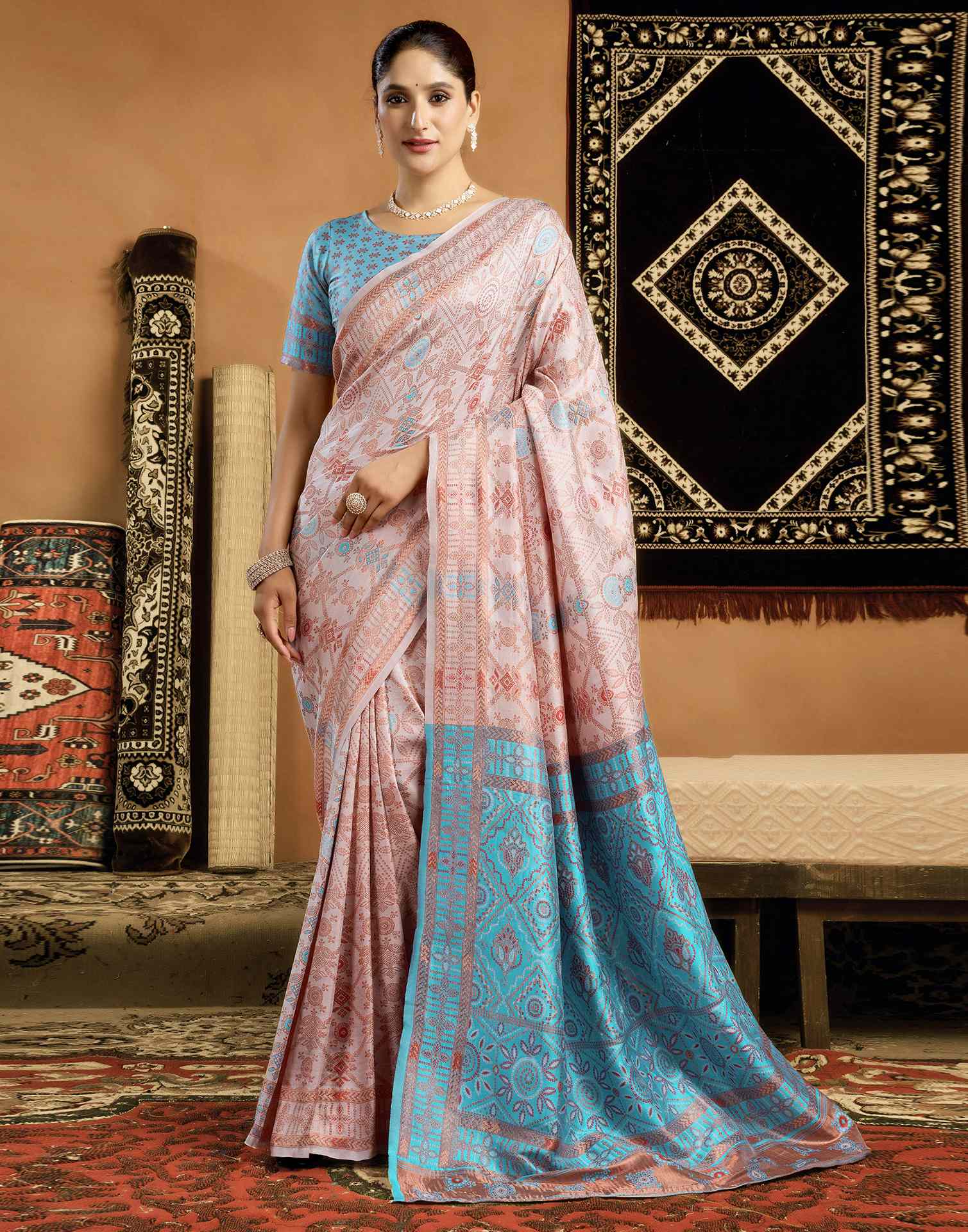 Cream Silk Woven Saree