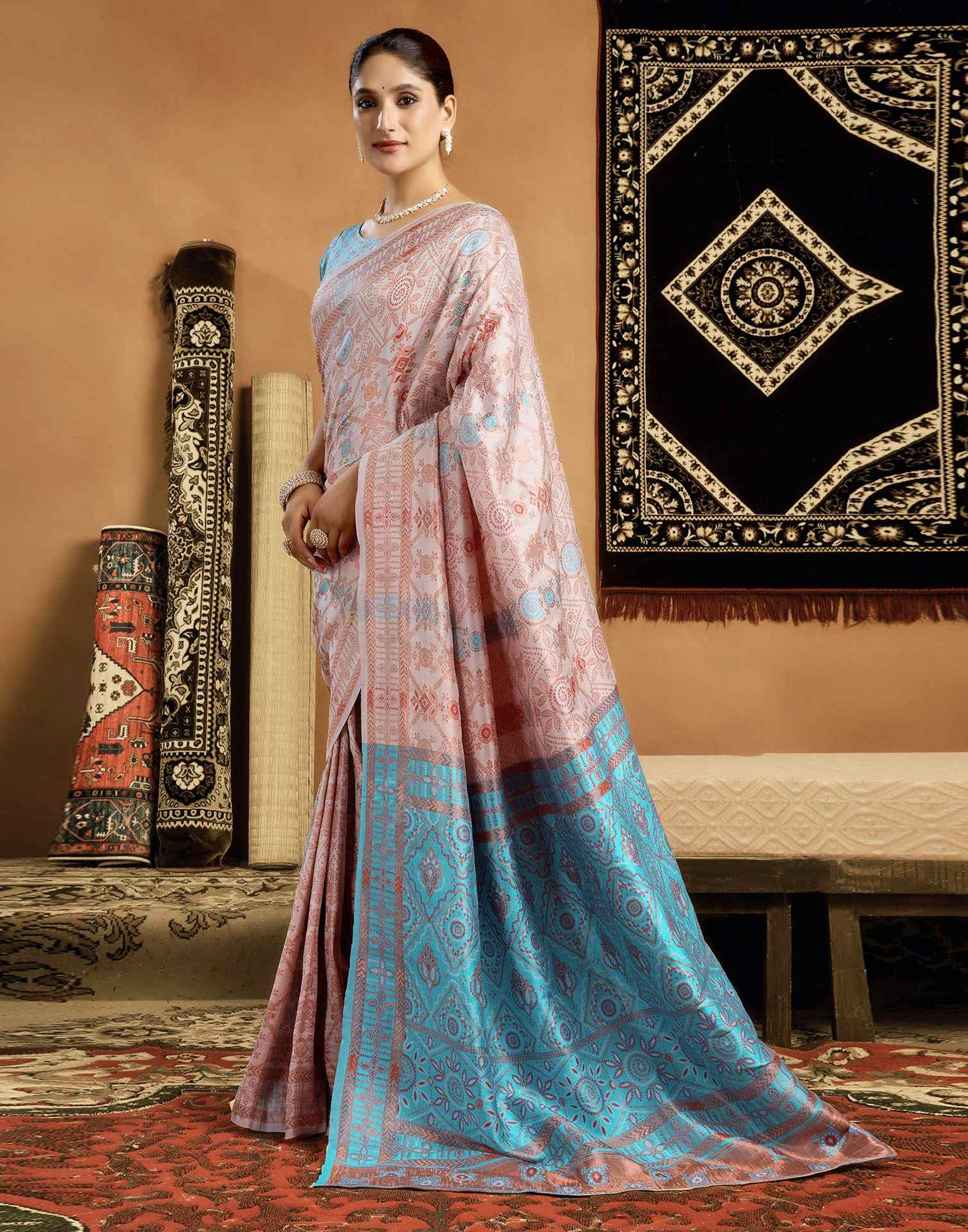 Cream Silk Woven Saree