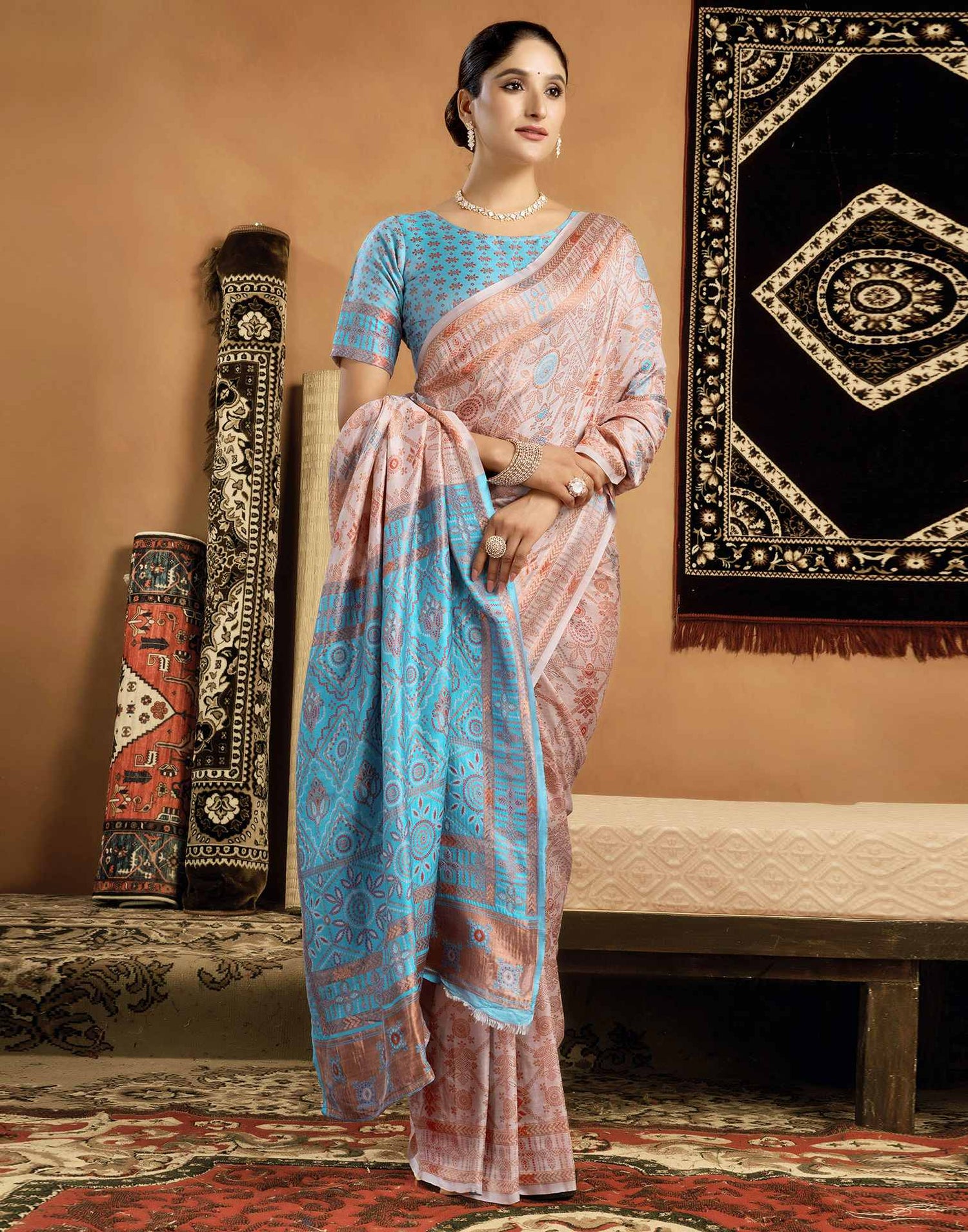 Cream Silk Woven Saree