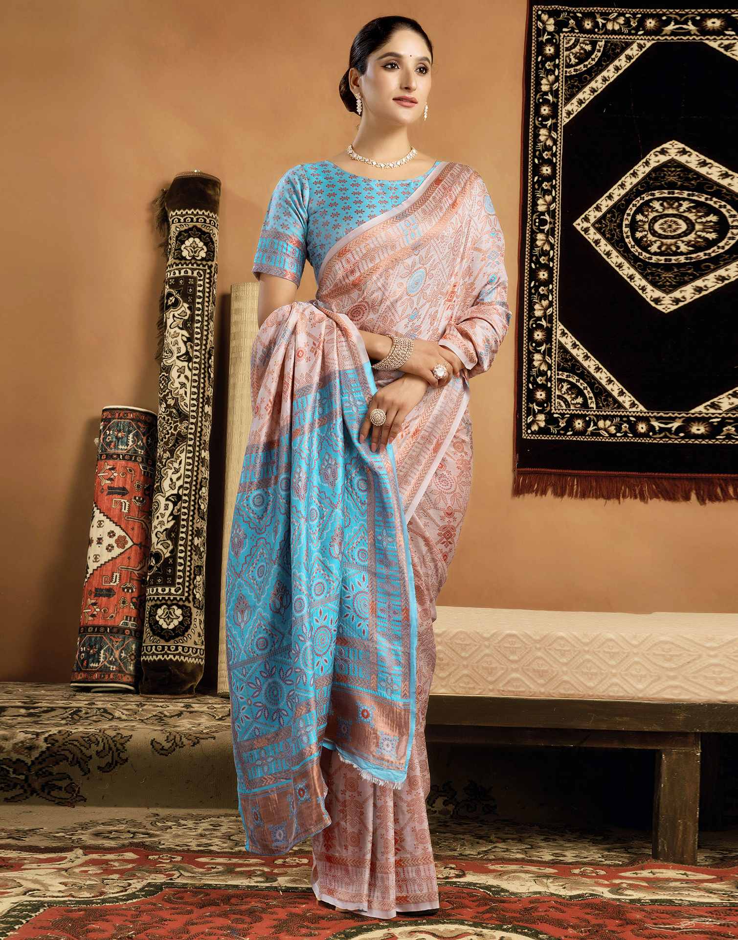 Cream Silk Woven Saree
