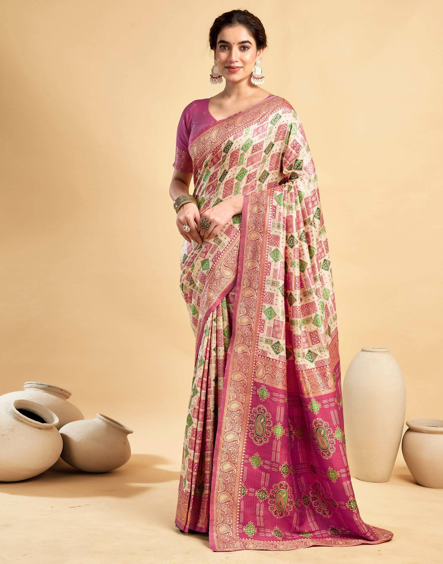 Cream Silk Woven Saree