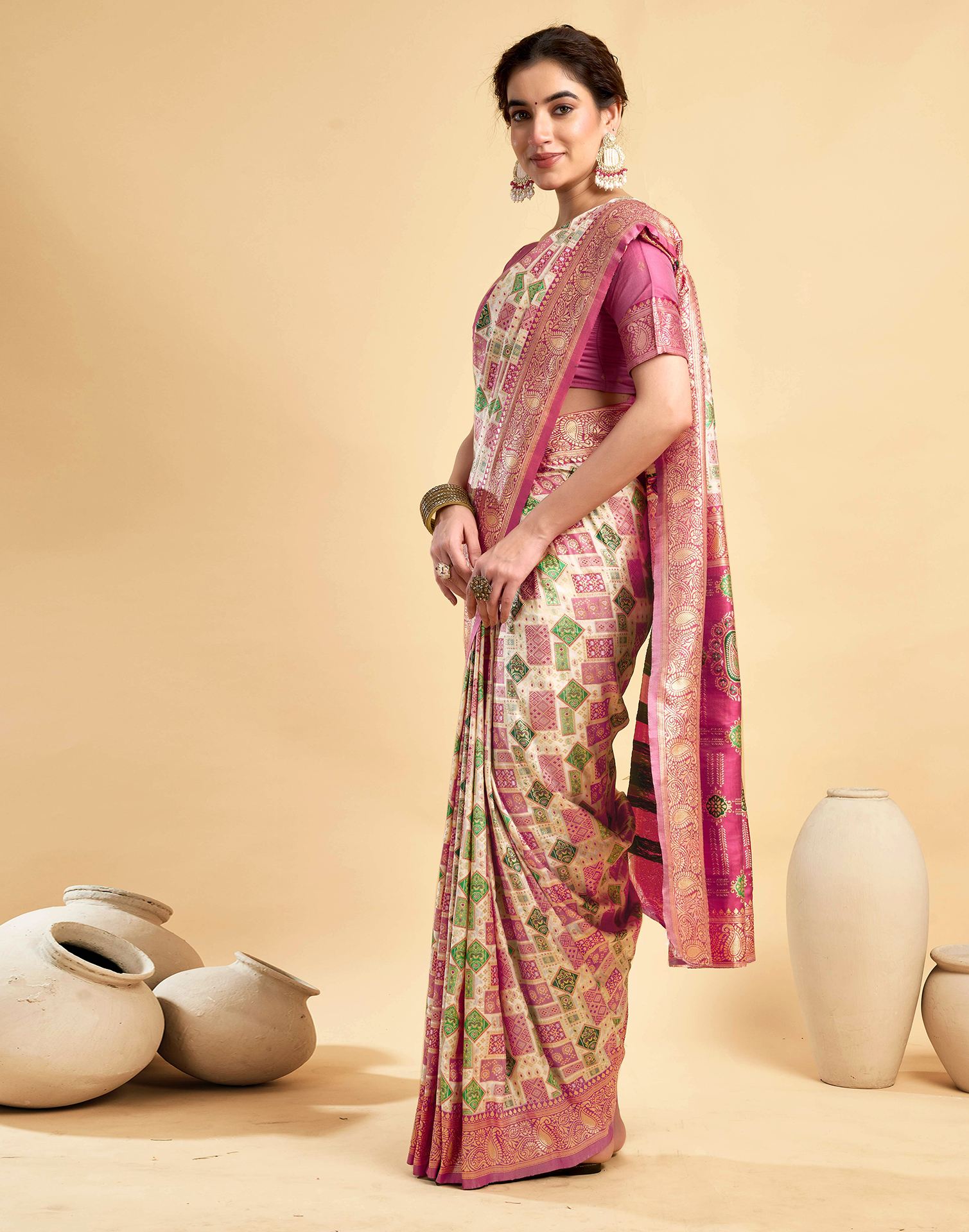 Cream Silk Woven Saree