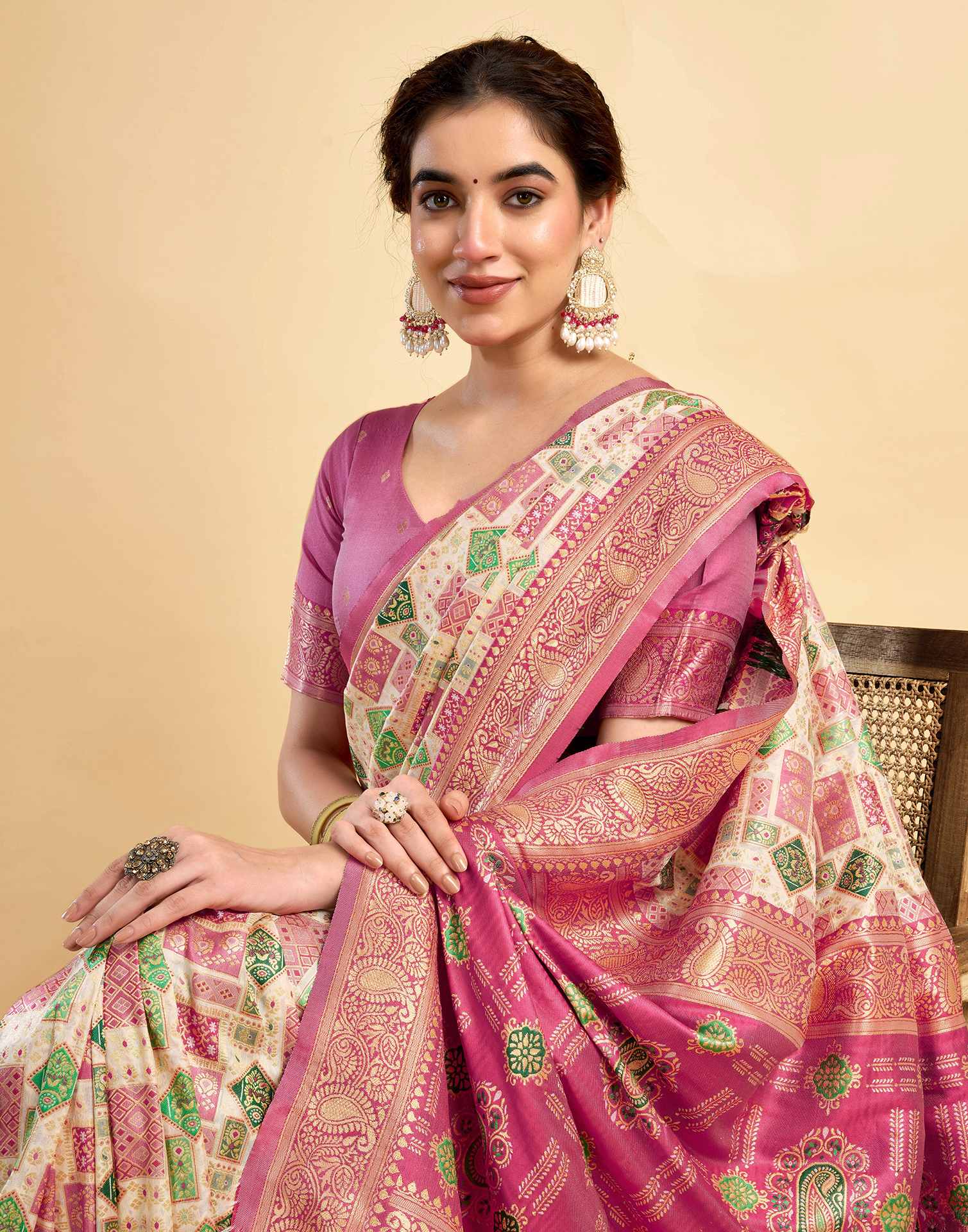 Cream Silk Woven Saree