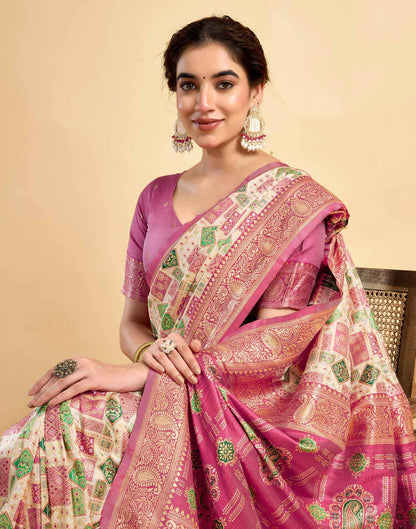 Cream Silk Woven Saree