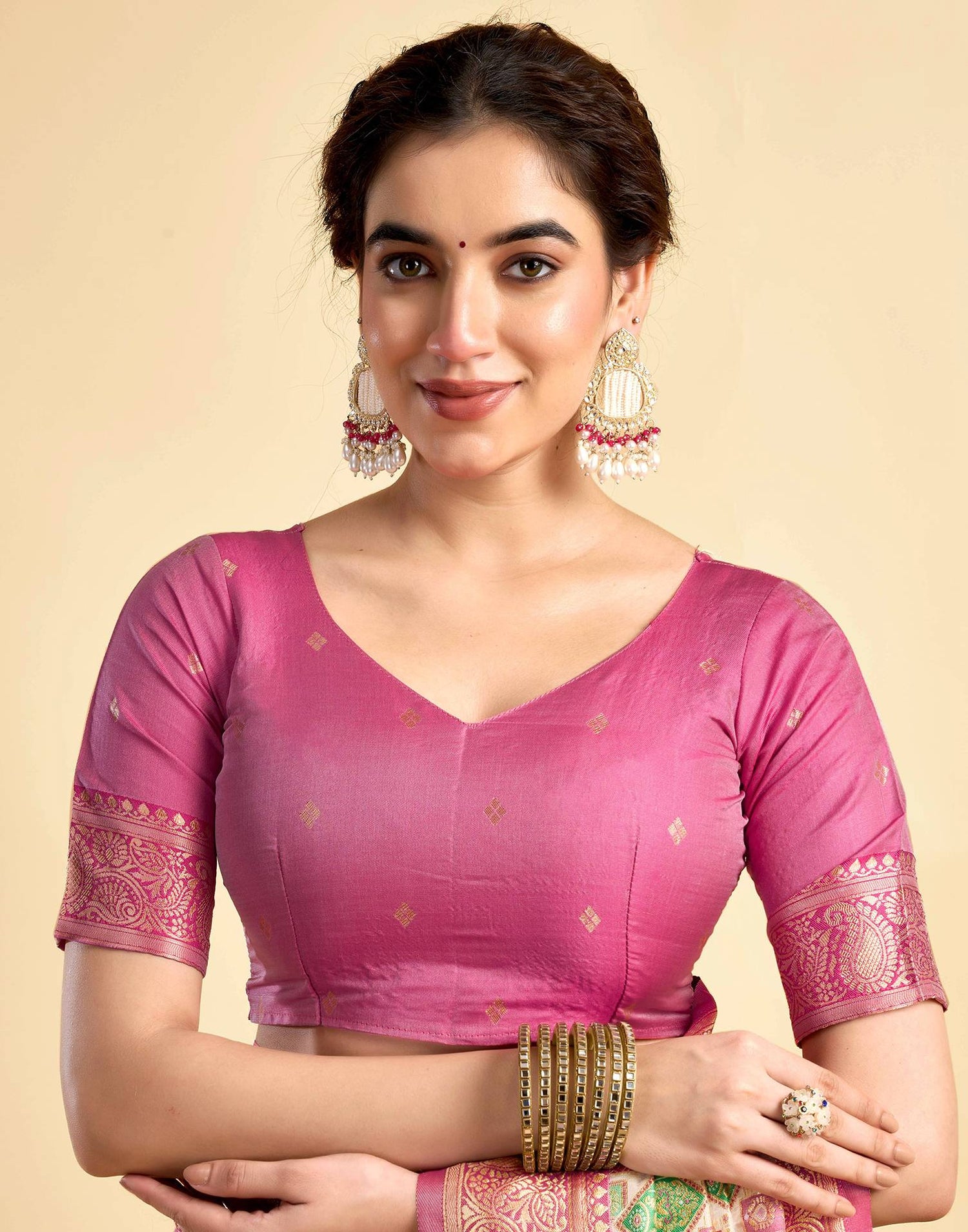 Cream Silk Woven Saree