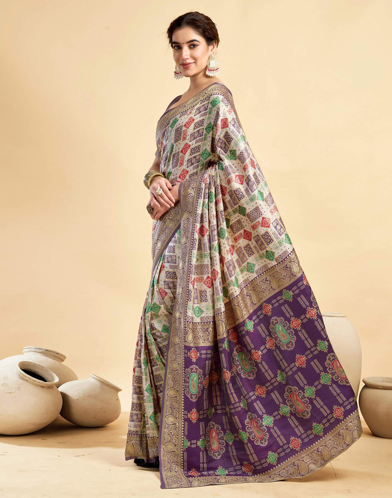 Cream Silk Woven Saree