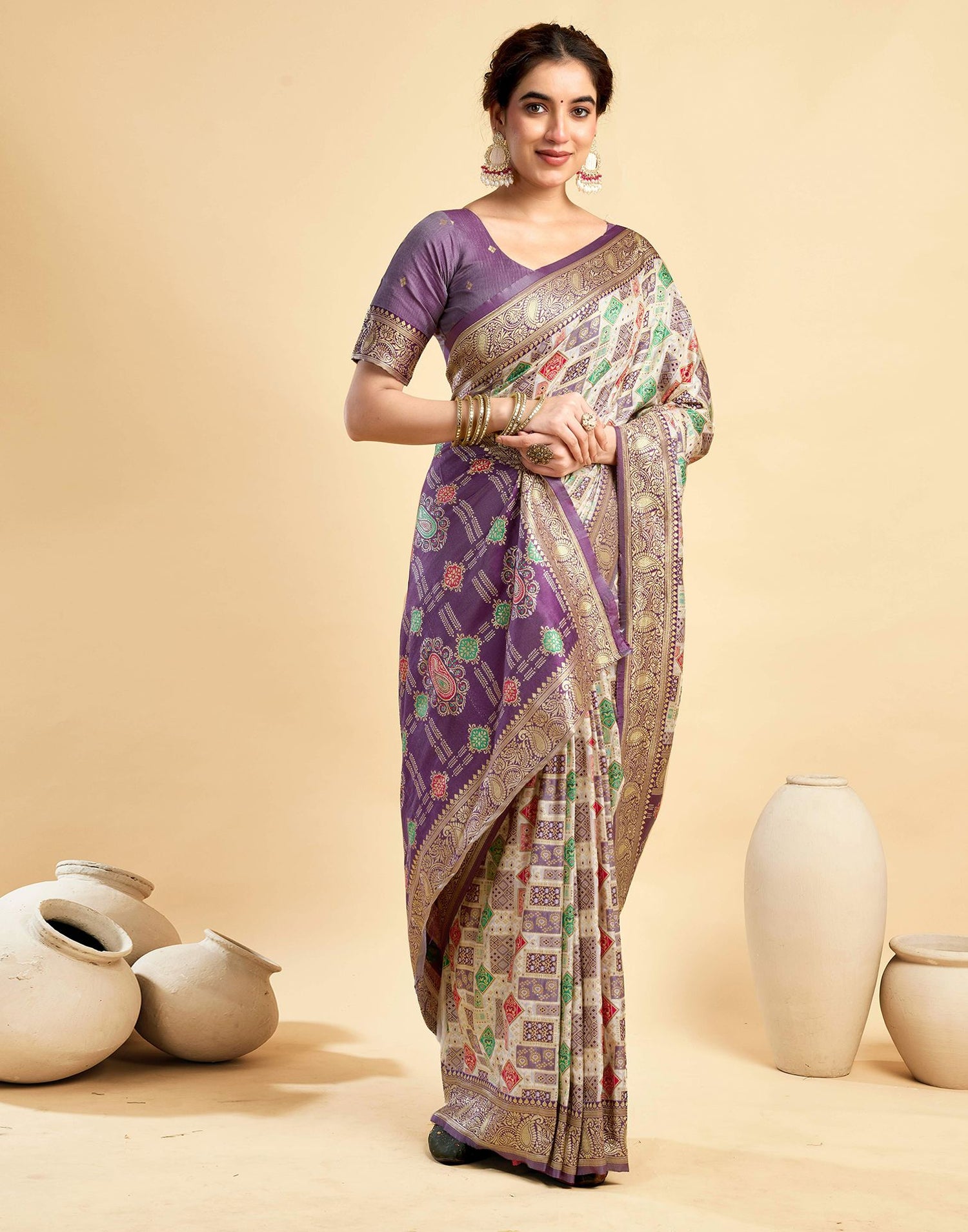Cream Silk Woven Saree
