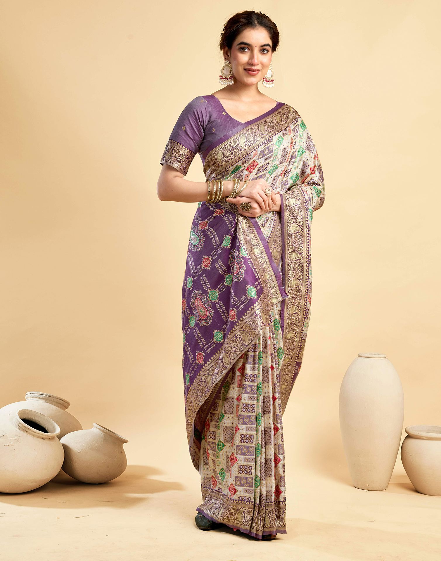 Cream Silk Woven Saree