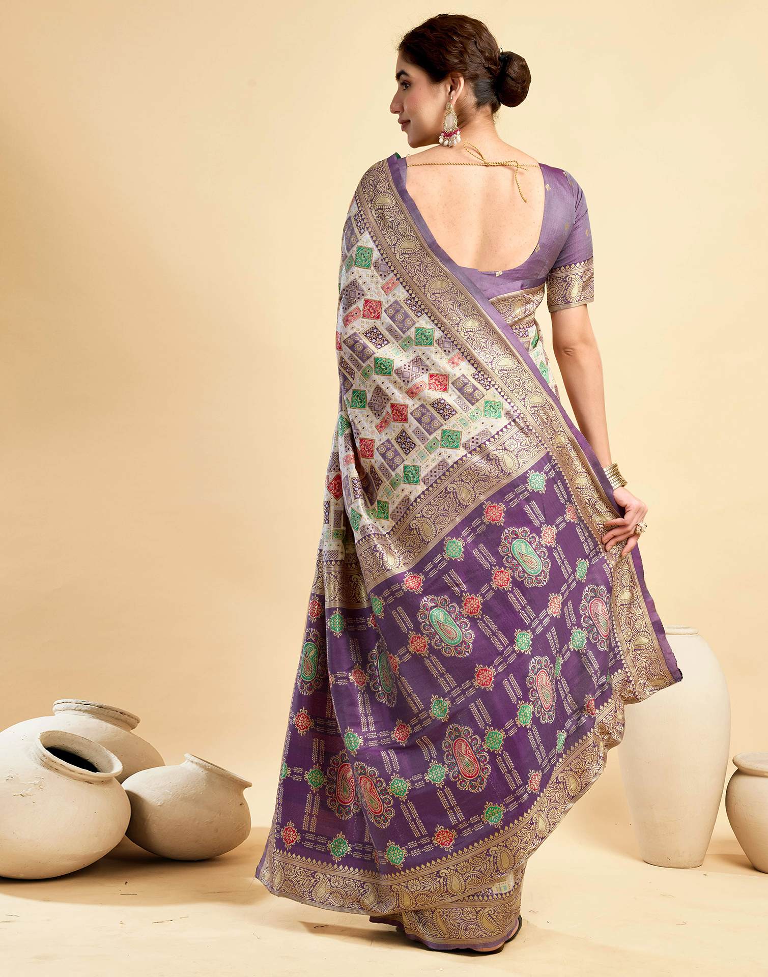 Cream Silk Woven Saree