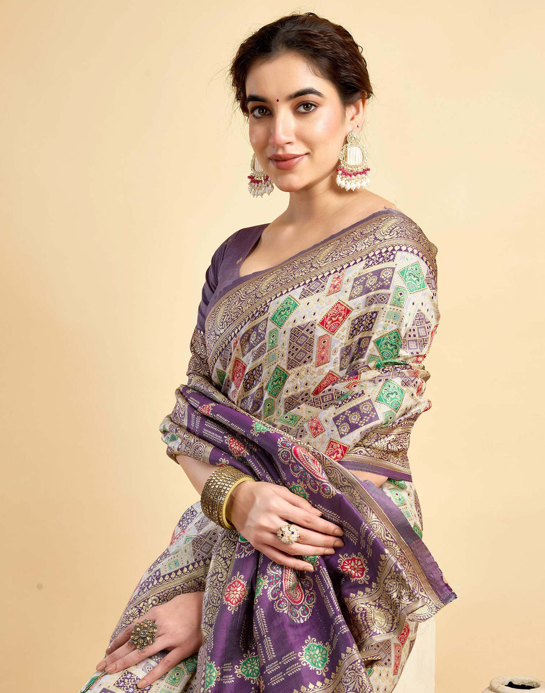 Cream Silk Woven Saree