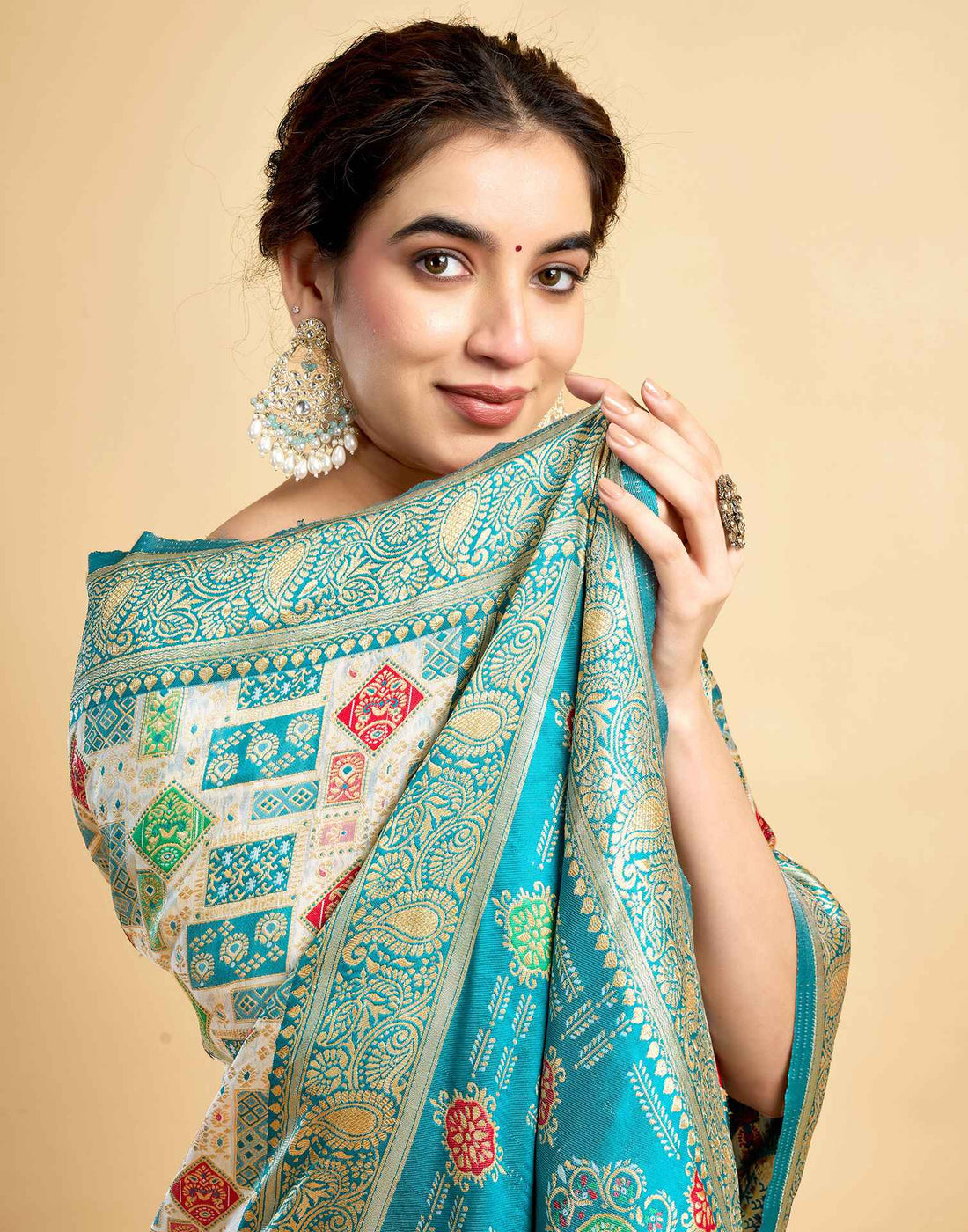 Cream Silk Woven Saree