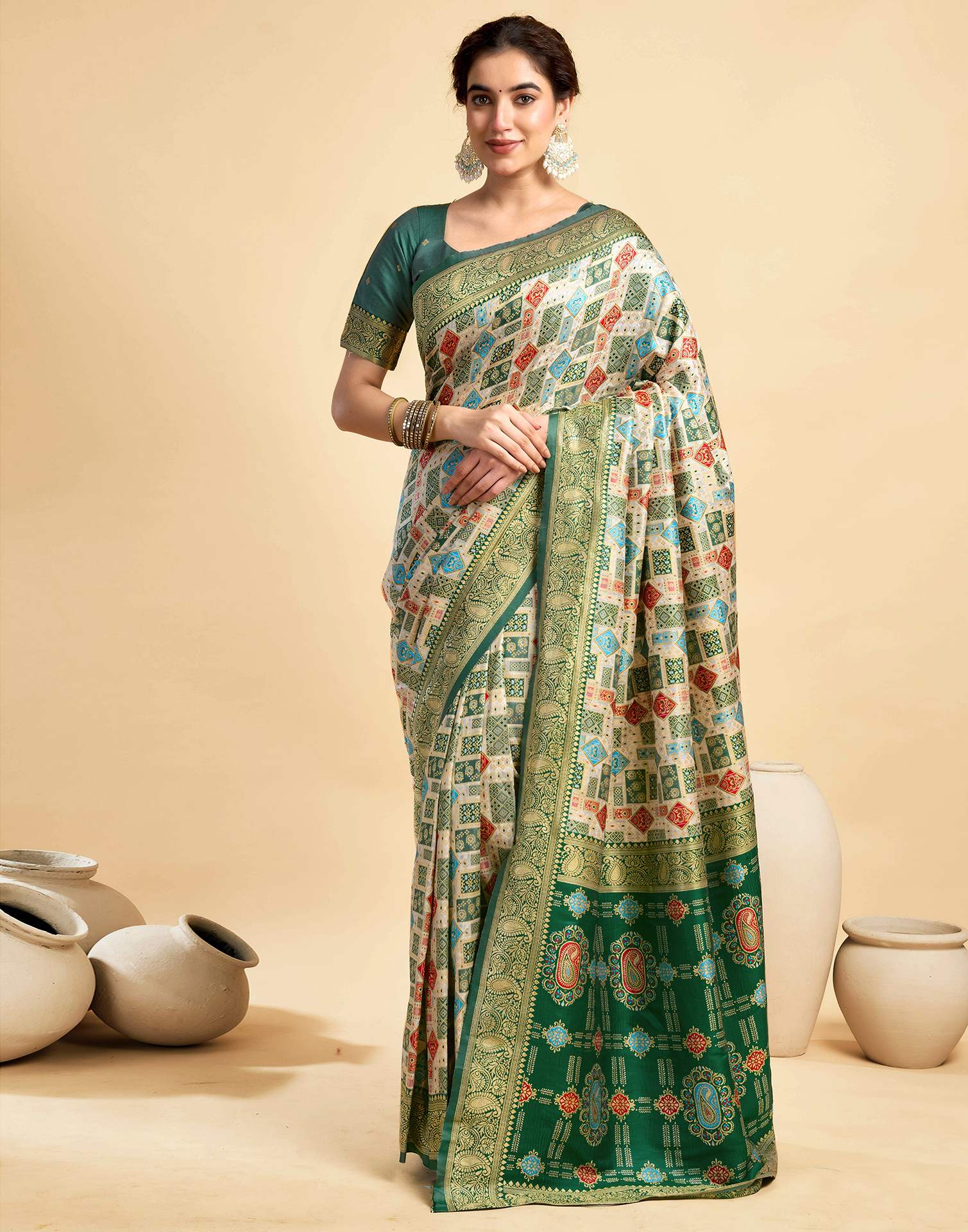 Cream Silk Woven Saree