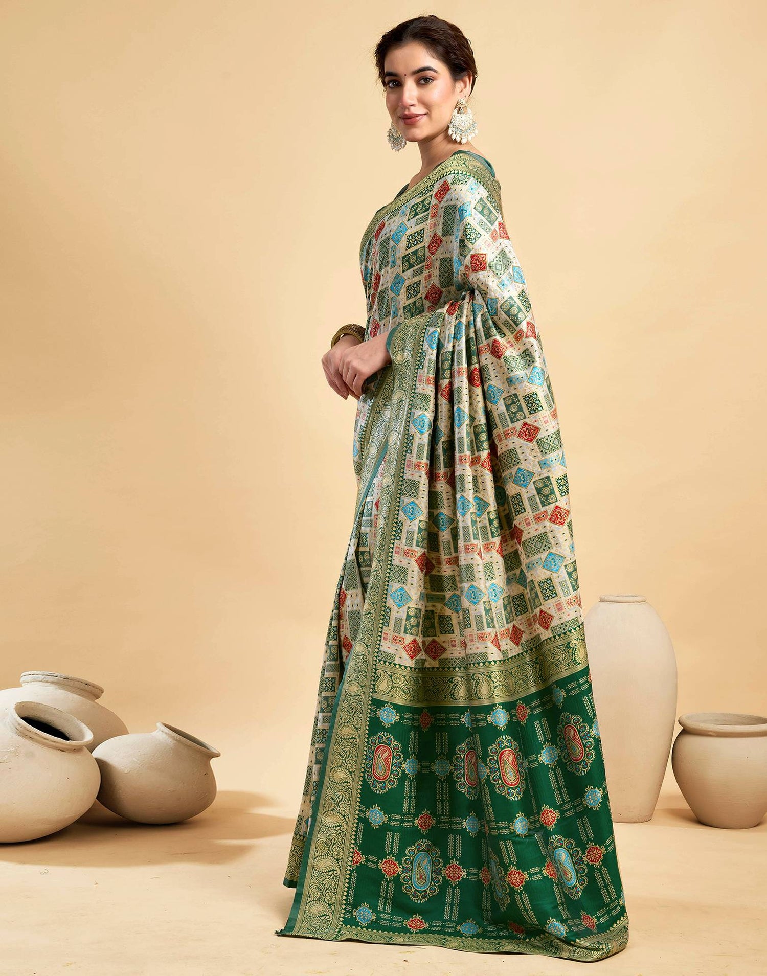 Cream Silk Woven Saree