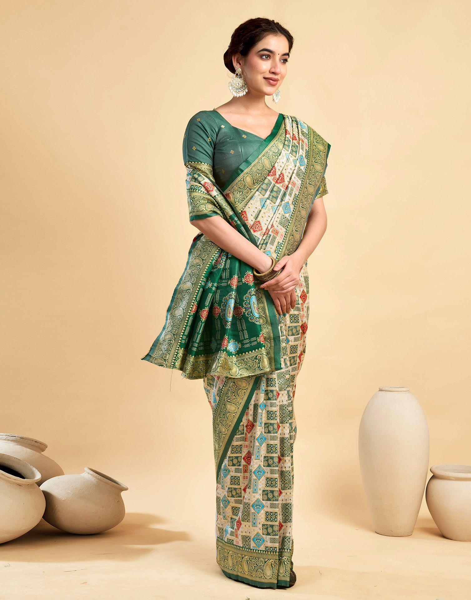 Cream Silk Woven Saree