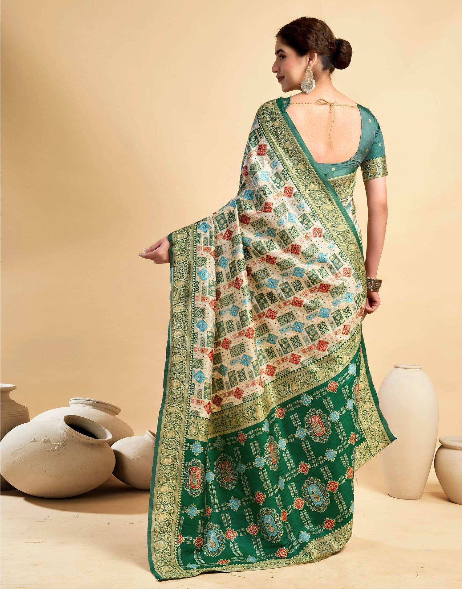 Cream Silk Woven Saree
