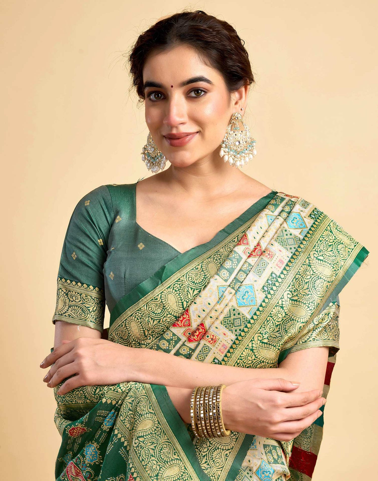 Cream Silk Woven Saree