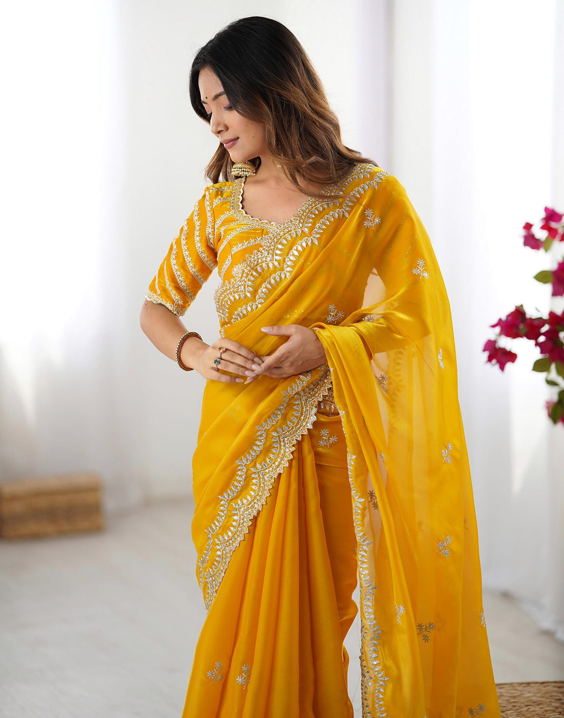 Yellow Silk Sequence Embroidery Saree