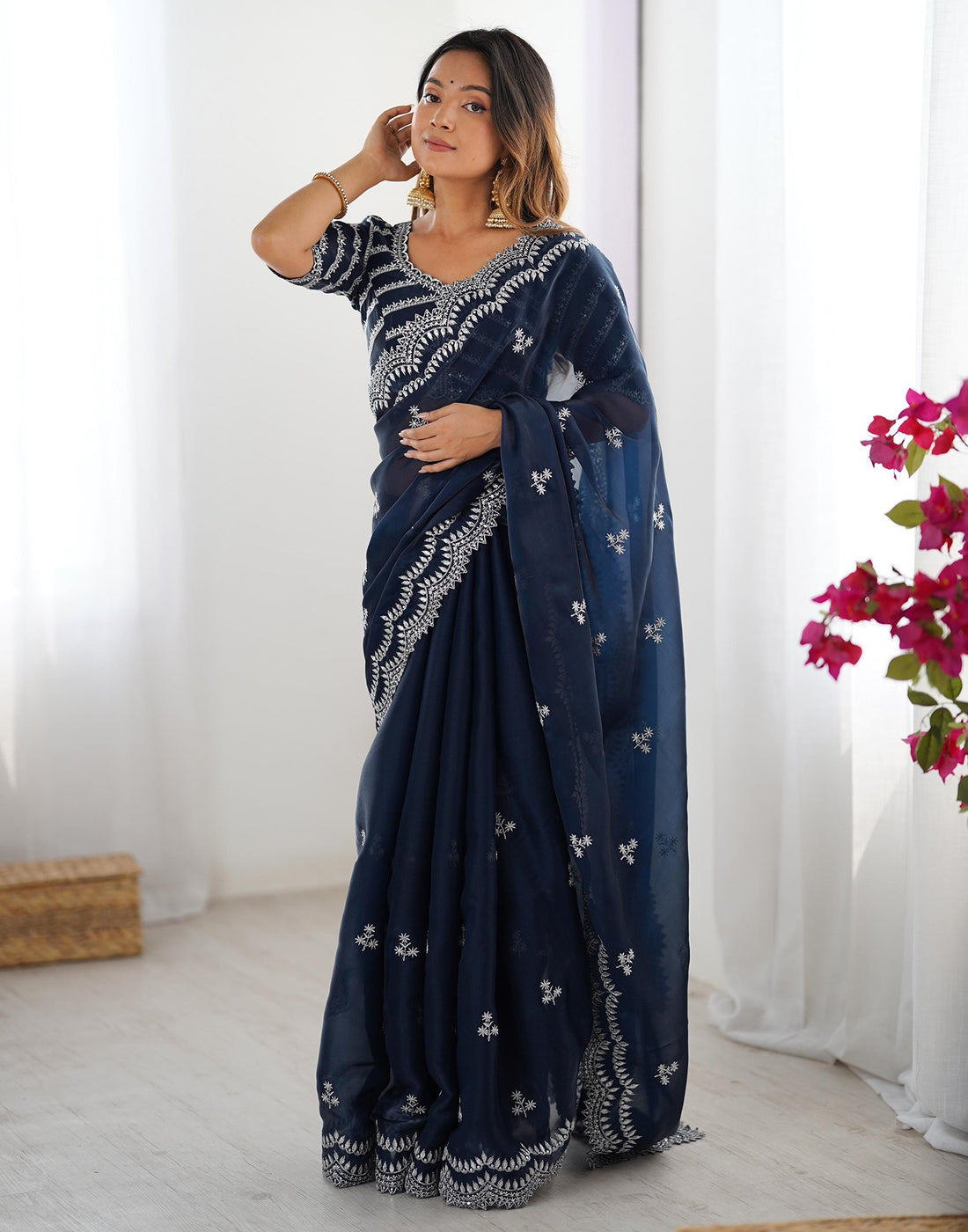 Rama Blue Tissue Silk Sequence Embroidery Saree