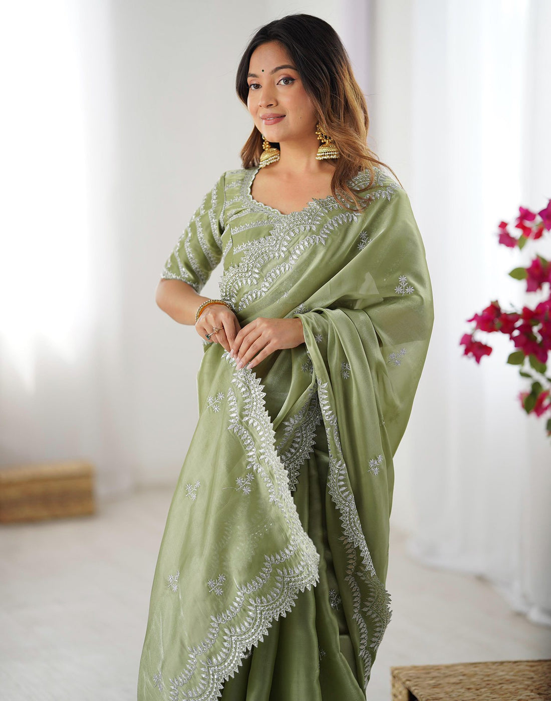 Pista Green Silk Sequence Embroidery Saree