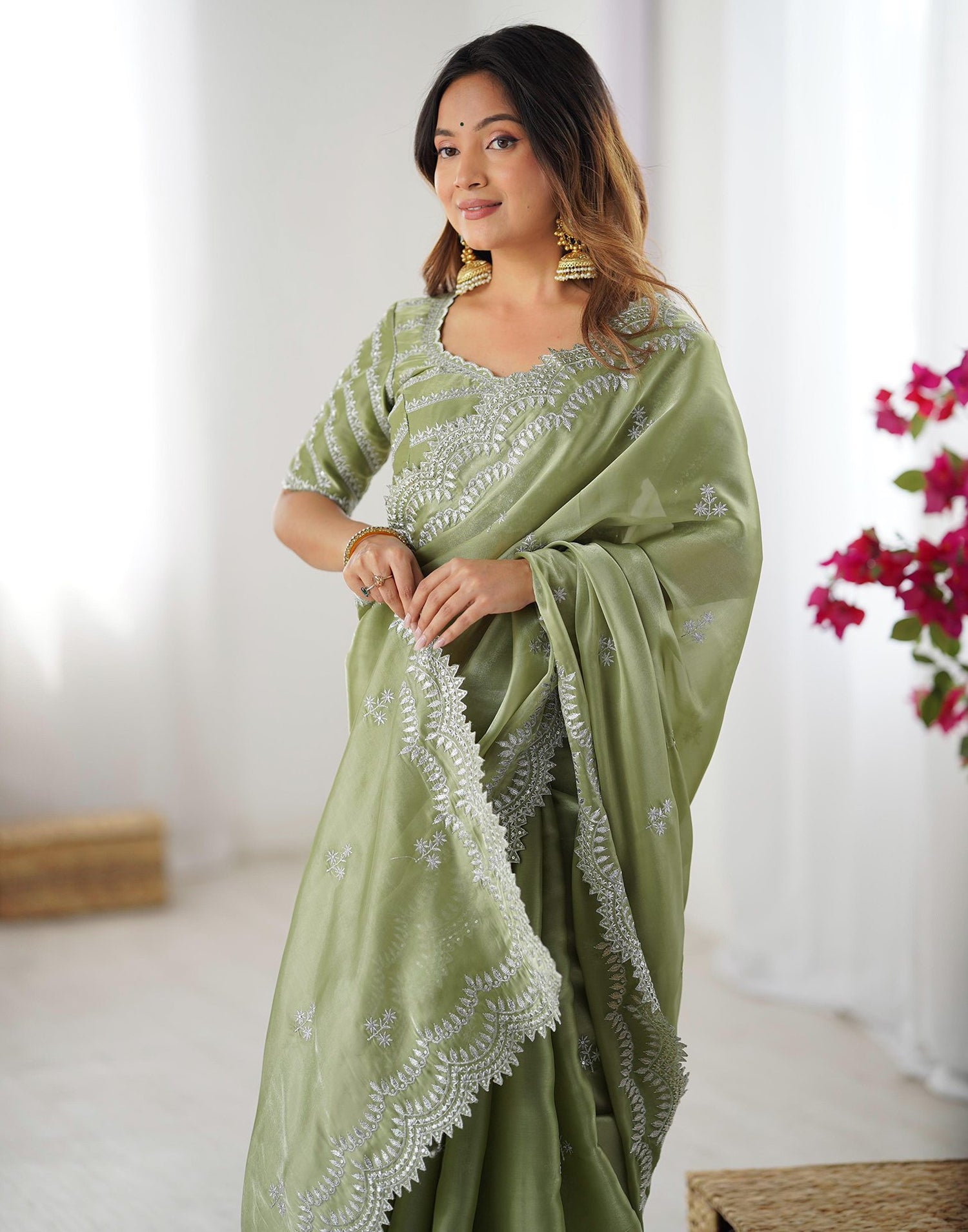Pista Green Silk Sequence Embroidery Saree