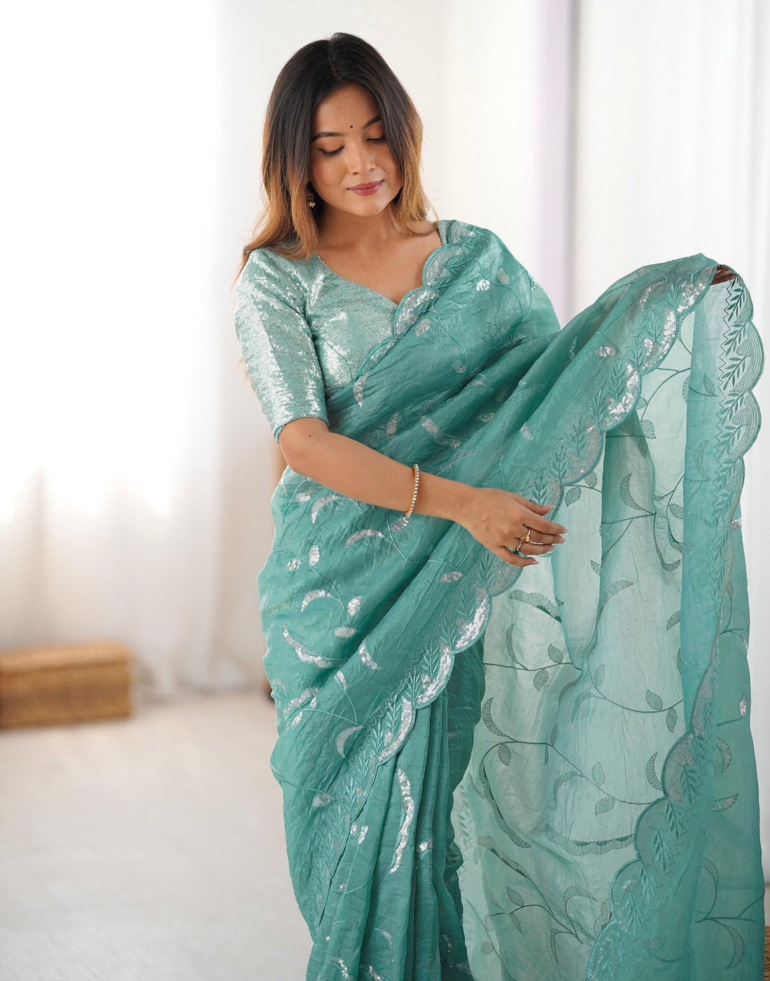 Dusty Teal Green Tissue Silk Sequence Embroidery Saree