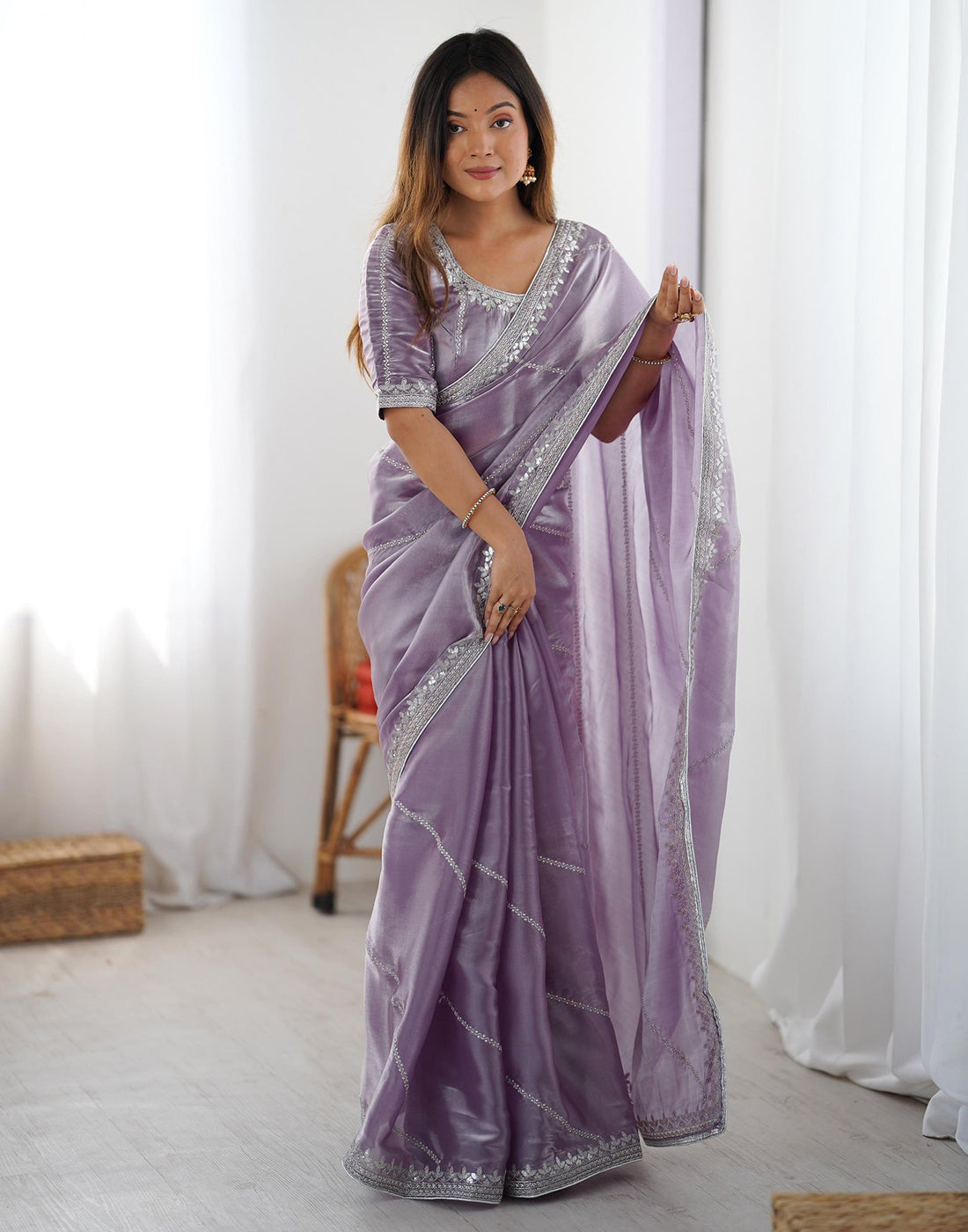 Dusty Light Purple Tissue Silk Sequence Embroidery Saree