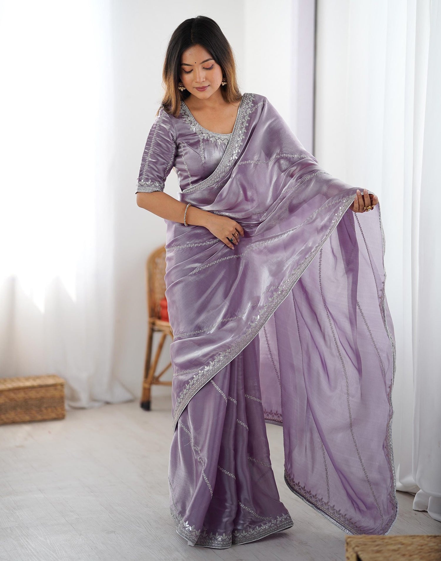Dusty Light Purple Tissue Silk Sequence Embroidery Saree