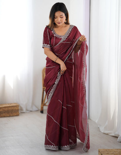 Maroon Tissue Silk Sequence Embroidery Saree