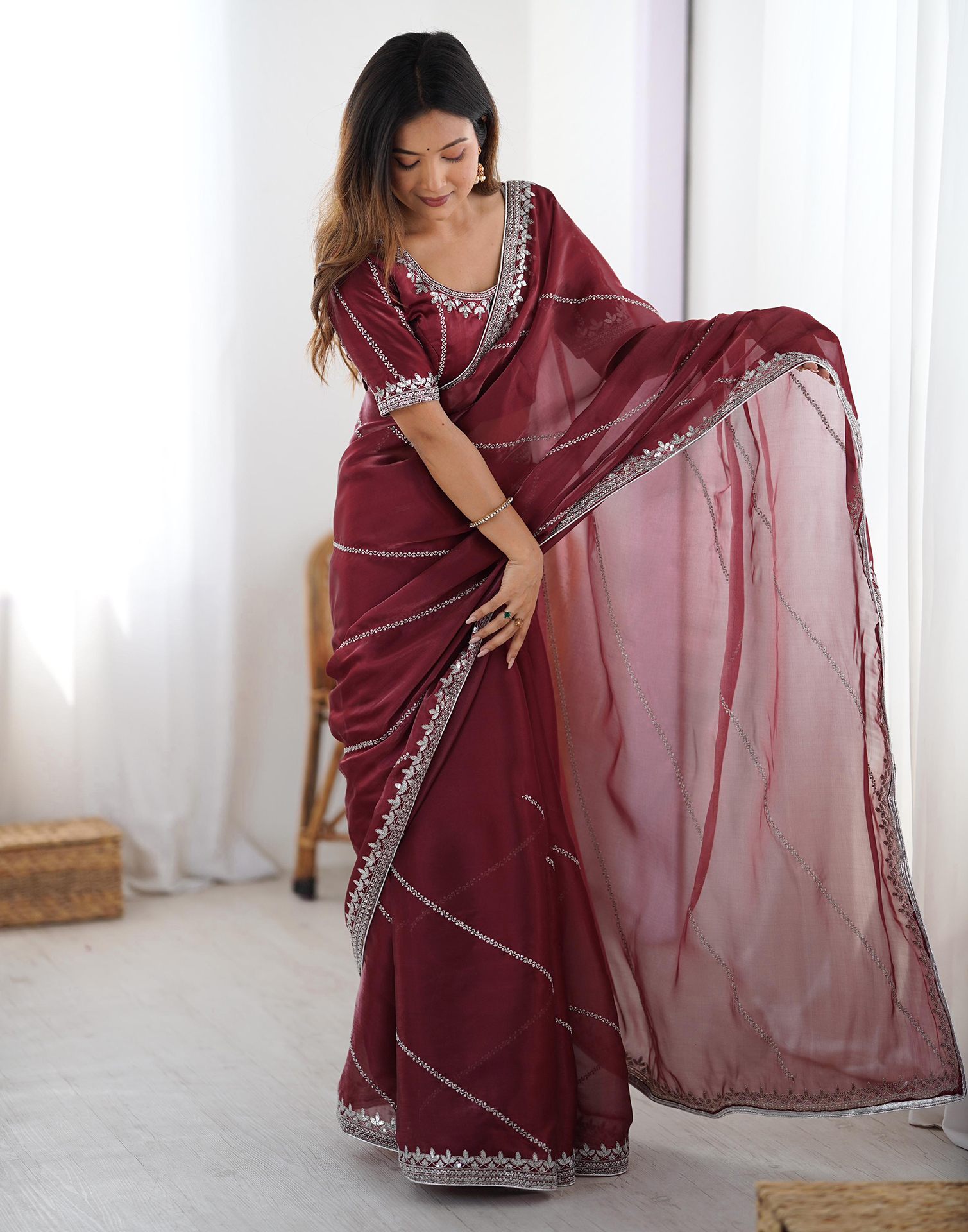 Maroon Tissue Silk Sequence Embroidery Saree