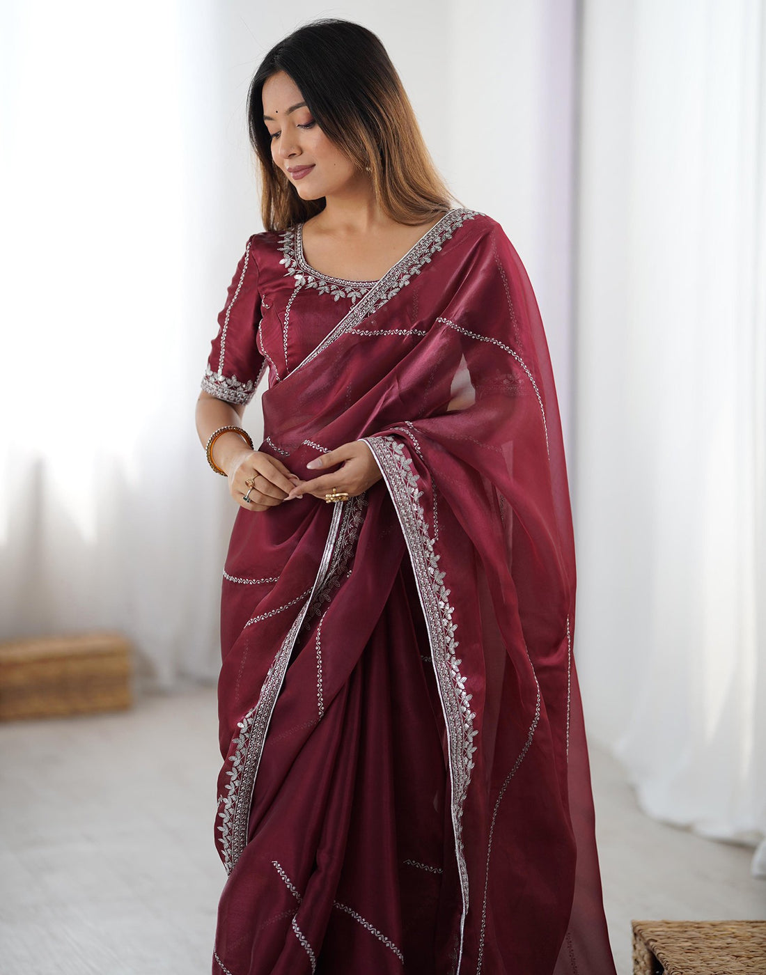 Maroon Tissue Silk Sequence Embroidery Saree