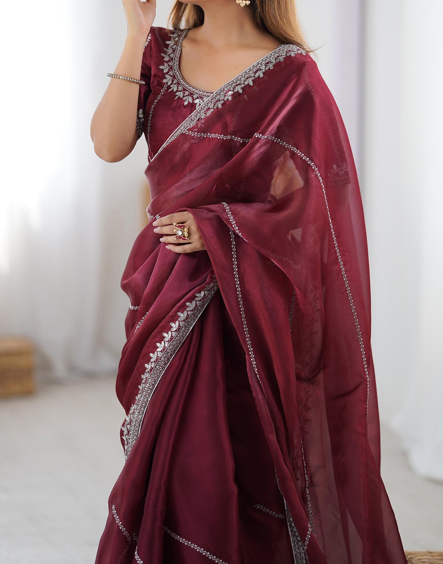 Maroon Tissue Silk Sequence Embroidery Saree