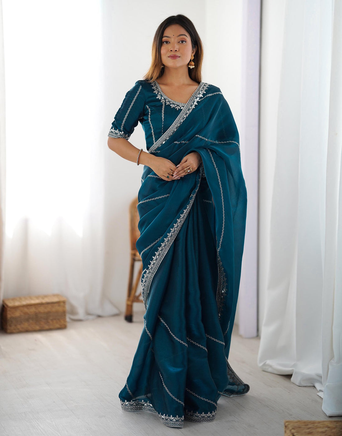Blue Tissue Silk Sequence Embroidery Saree