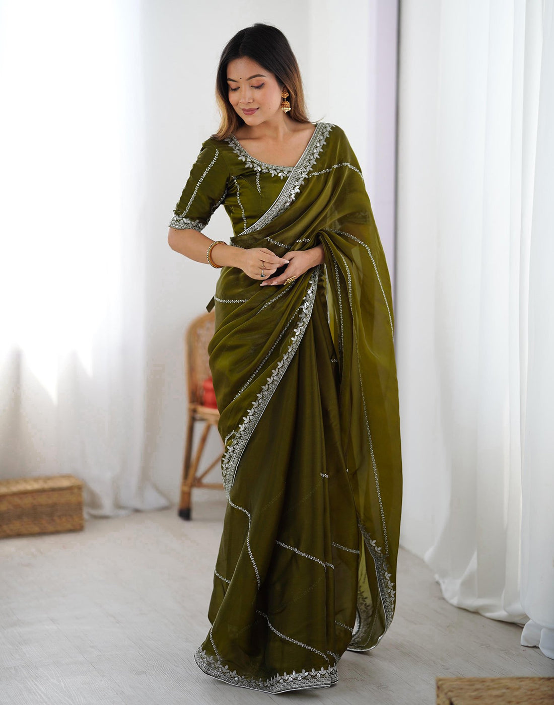 Olive Green Tissue Silk Sequence Embroidery Saree