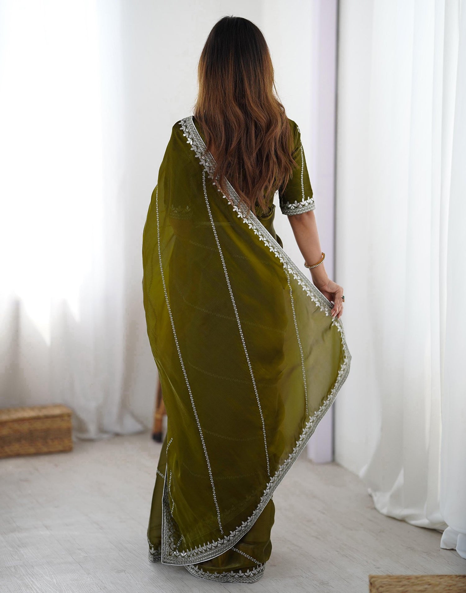 Olive Green Tissue Silk Sequence Embroidery Saree