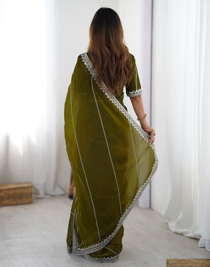 Olive Green Tissue Silk Sequence Embroidery Saree